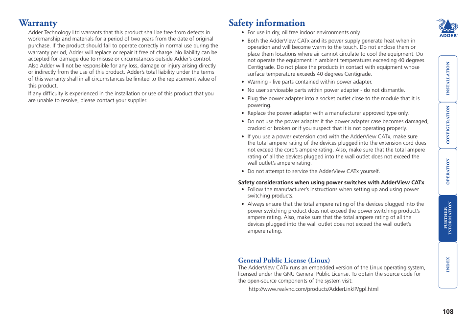 Warranty, Safety information, Warranty safety information | Adder Technology AdderView CATx EPS-S8 User Manual | Page 109 / 115