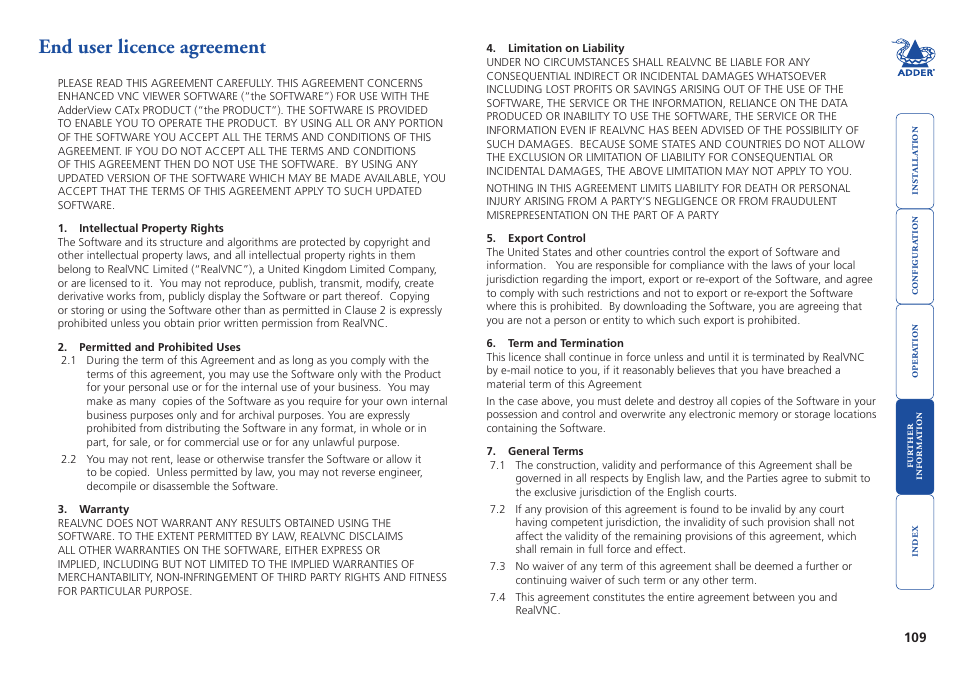 End user licence agreement | Adder Technology AdderView CATx EPS-S8 User Manual | Page 110 / 115