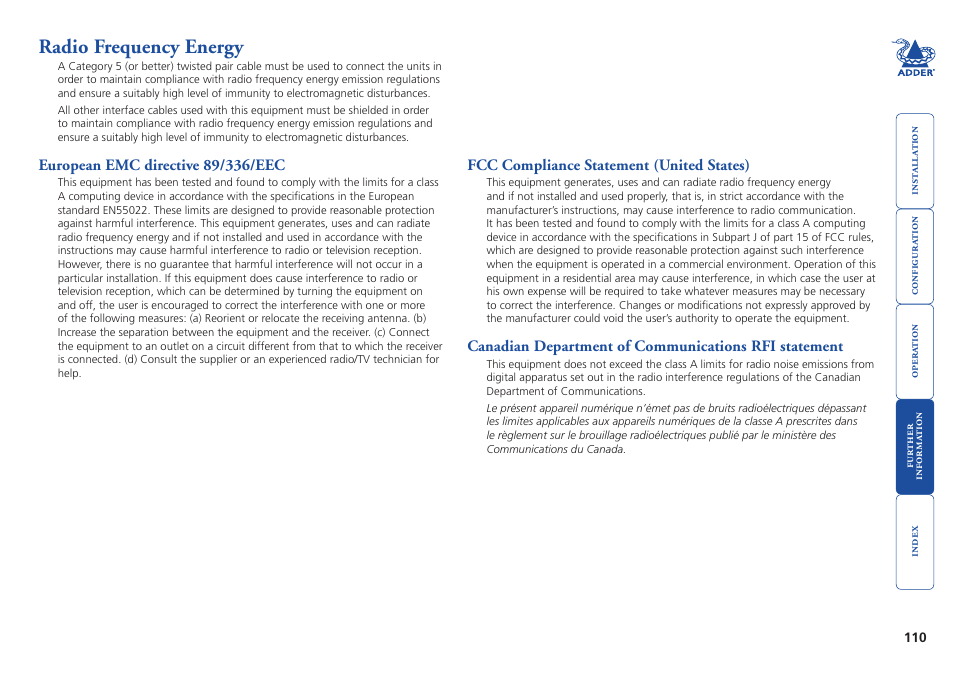 Radio frequency energy, Radio frequency energy statements | Adder Technology AdderView CATx EPS-S8 User Manual | Page 111 / 115