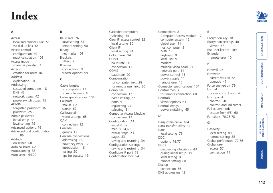 Index | Adder Technology AdderView CATx EPS-S8 User Manual | Page 113 / 115