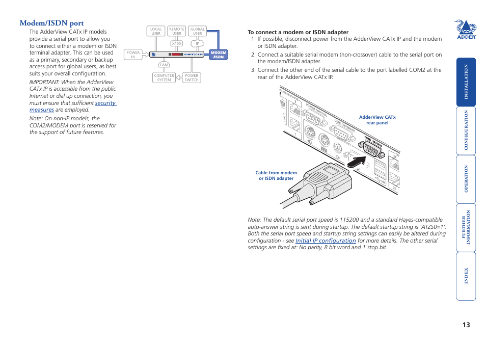 Modem/isdn port, Modem, Isdn port | Adder Technology AdderView CATx EPS-S8 User Manual | Page 14 / 115