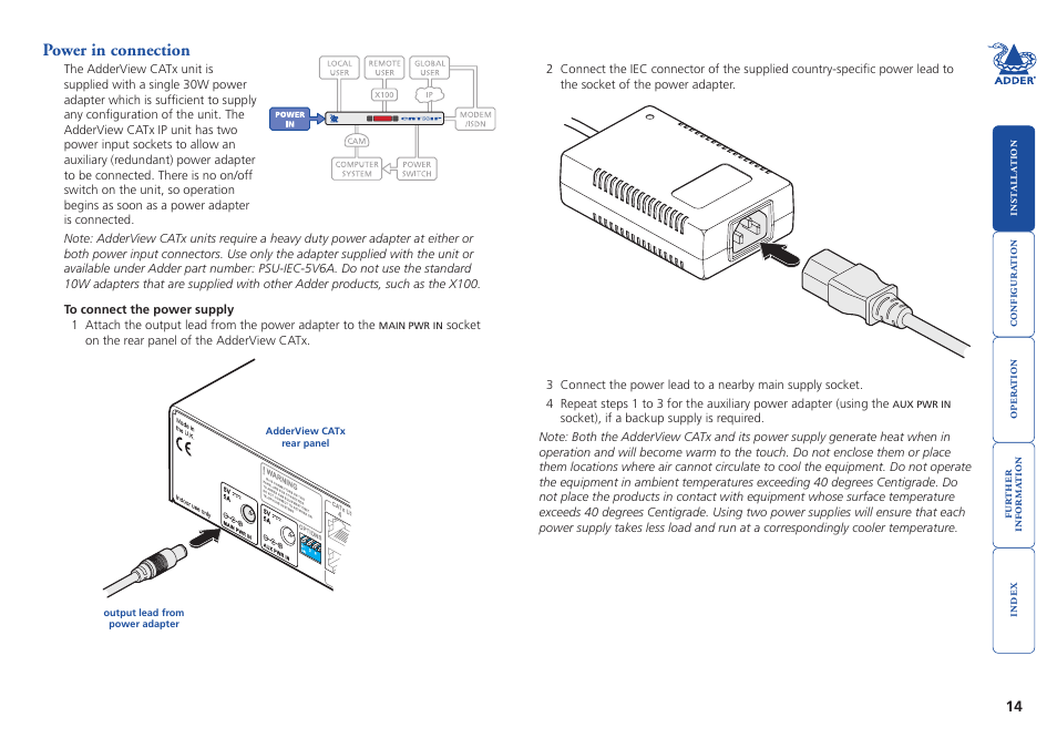 Power in connection, Power | Adder Technology AdderView CATx EPS-S8 User Manual | Page 15 / 115