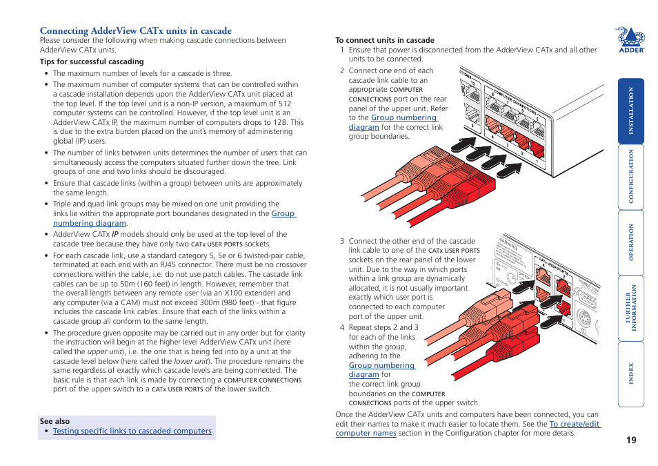 Connecting adderview catx units in cascade, Tips for, Successful cascading | For more details | Adder Technology AdderView CATx EPS-S8 User Manual | Page 20 / 115