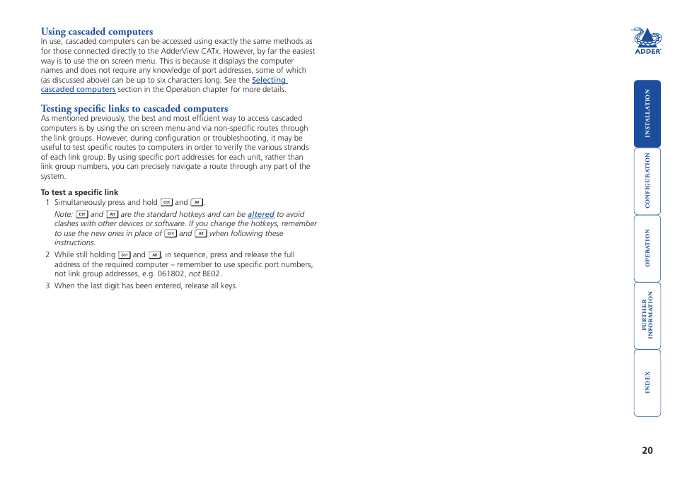 Using cascaded computers, Testing specific links to cascaded computers | Adder Technology AdderView CATx EPS-S8 User Manual | Page 21 / 115