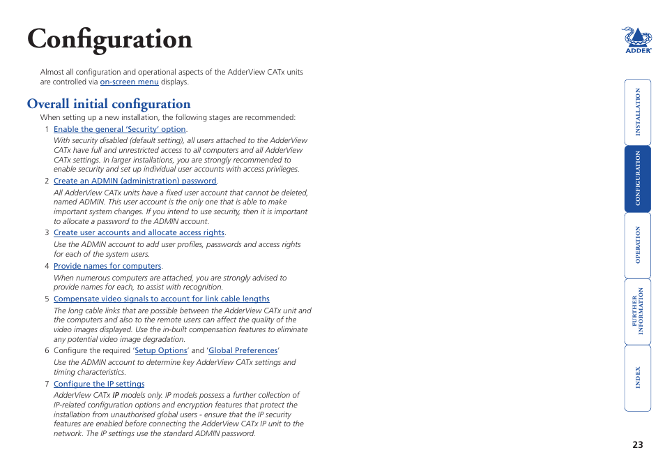 Configuration, Overall initial configuration | Adder Technology AdderView CATx EPS-S8 User Manual | Page 24 / 115