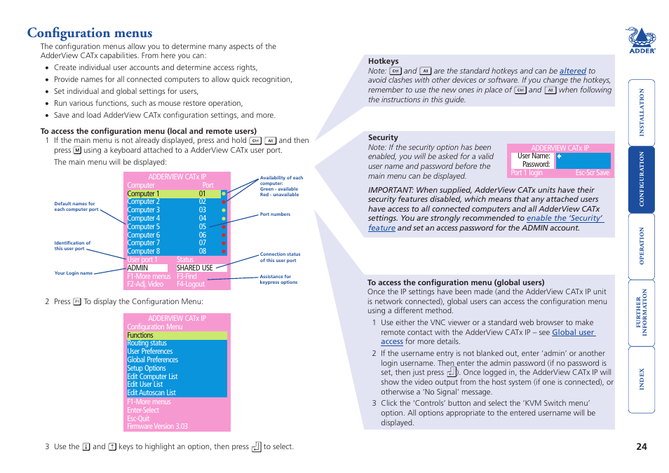 Configuration menus, On-screen menu | Adder Technology AdderView CATx EPS-S8 User Manual | Page 25 / 115