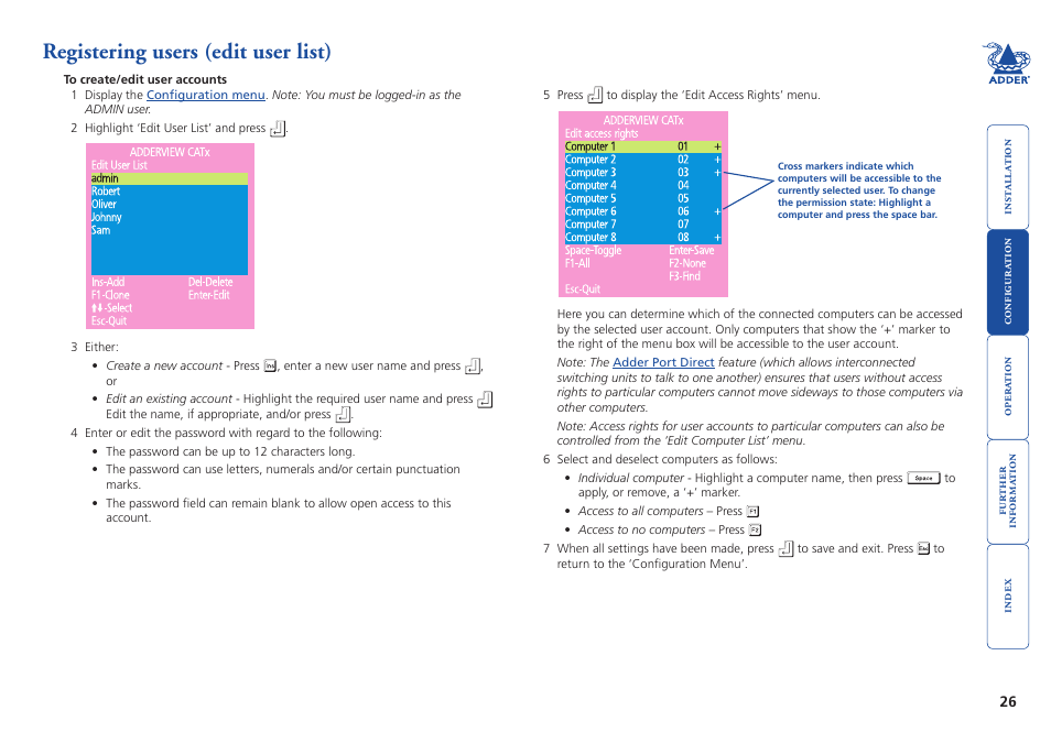 Registering users (edit user list), Create user accounts and allocate access rights | Adder Technology AdderView CATx EPS-S8 User Manual | Page 27 / 115