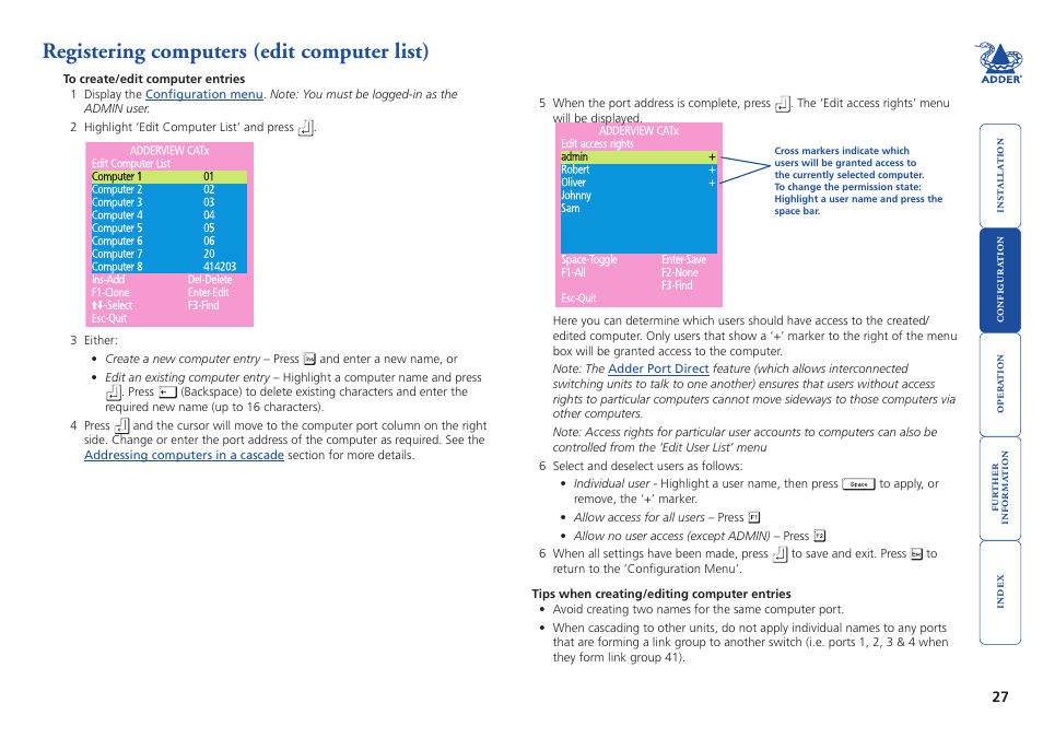 Registering computers (edit computer list), To create/edit, Computer names | Provide names for computers | Adder Technology AdderView CATx EPS-S8 User Manual | Page 28 / 115