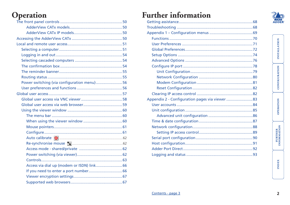 Operation, Further information | Adder Technology AdderView CATx EPS-S8 User Manual | Page 3 / 115