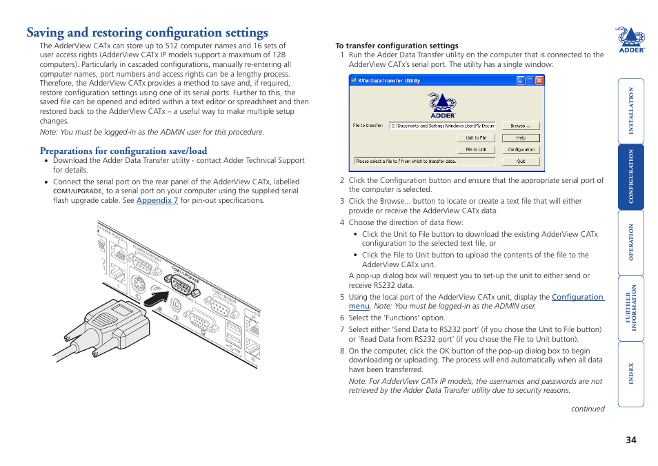 Saving and restoring configuration settings, Preparations for configuration save/load | Adder Technology AdderView CATx EPS-S8 User Manual | Page 35 / 115