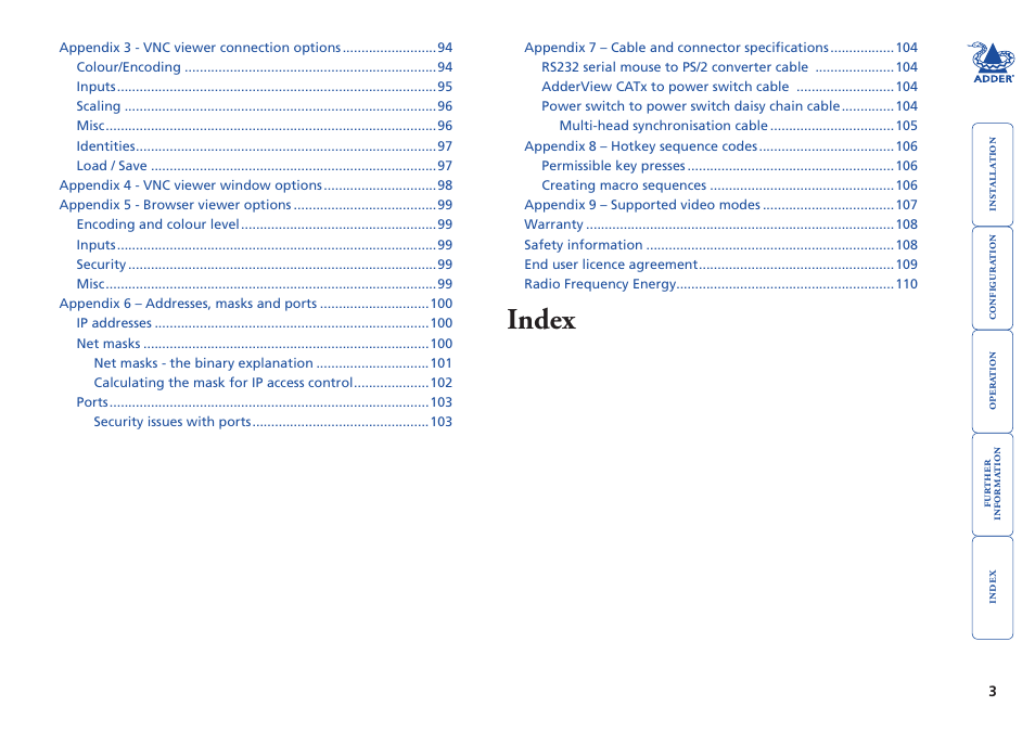 Index | Adder Technology AdderView CATx EPS-S8 User Manual | Page 4 / 115