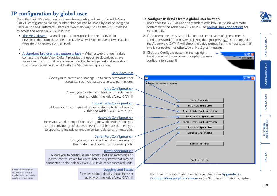 Ip configuration by global user | Adder Technology AdderView CATx EPS-S8 User Manual | Page 40 / 115