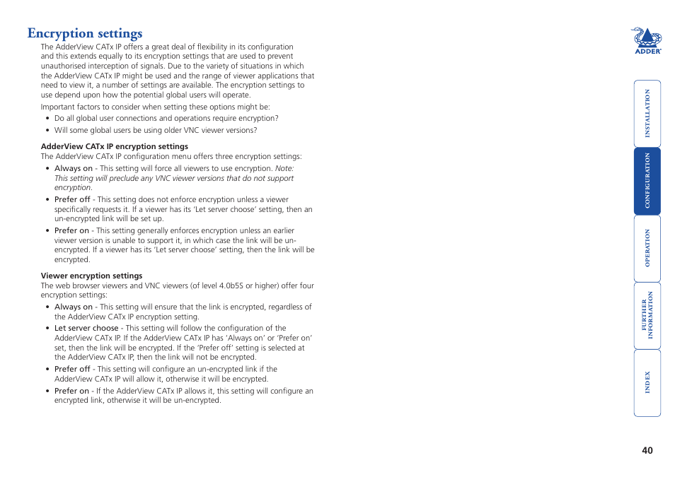 Encryption settings | Adder Technology AdderView CATx EPS-S8 User Manual | Page 41 / 115