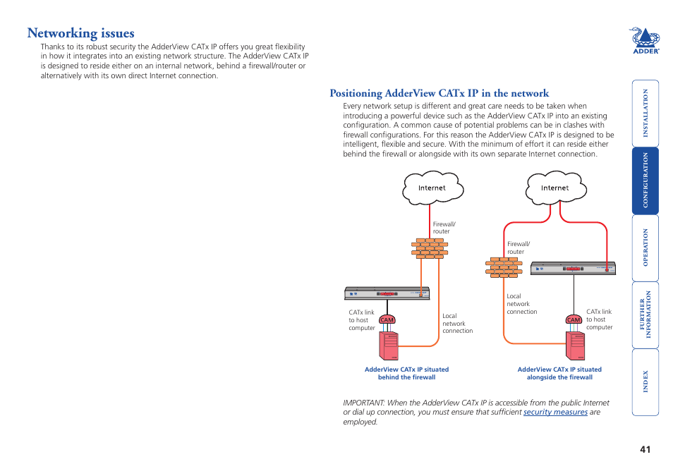 Networking issues, Positioning adderview catx ip in the network | Adder Technology AdderView CATx EPS-S8 User Manual | Page 42 / 115