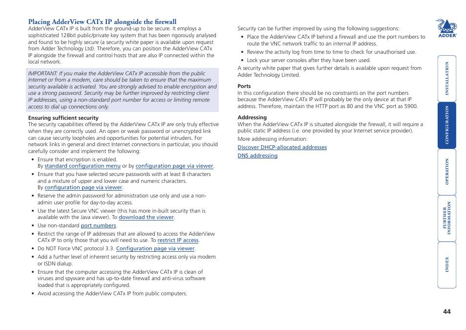 Placing adderview catx ip alongside the firewall, Security measures, Security | Measures | Adder Technology AdderView CATx EPS-S8 User Manual | Page 45 / 115