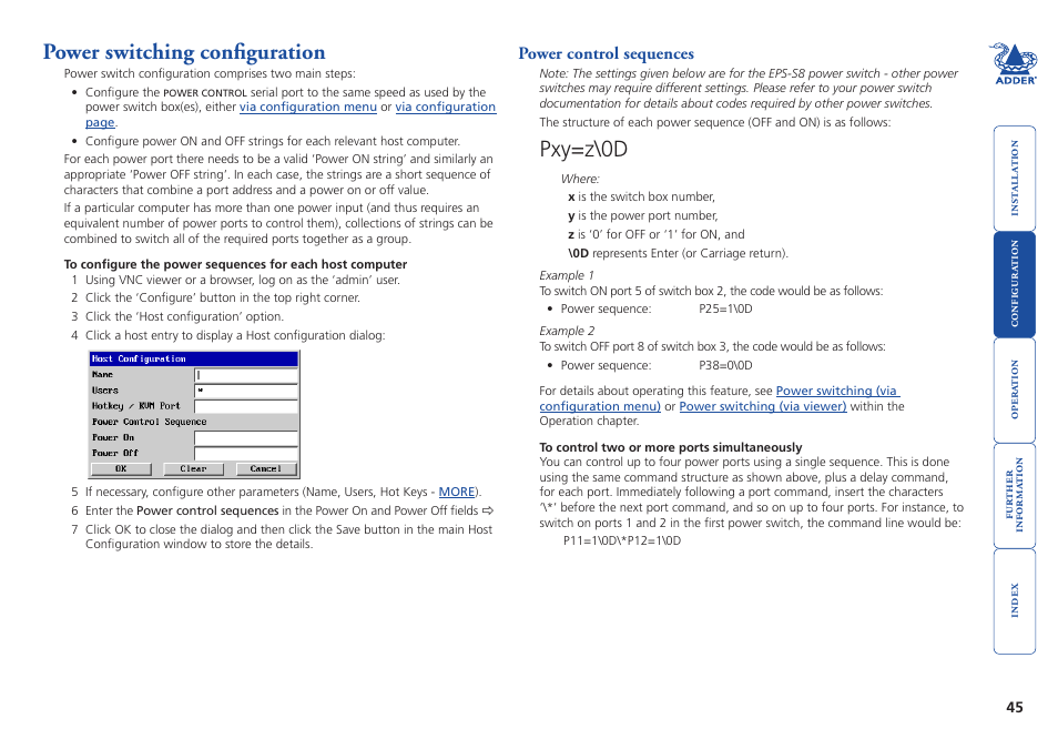 Power switching configuration, Configure the power strings, Power switching | Configuration, Pxy=z\0d | Adder Technology AdderView CATx EPS-S8 User Manual | Page 46 / 115