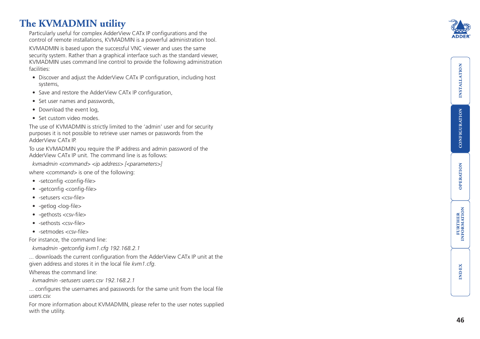 The kvmadmin utility | Adder Technology AdderView CATx EPS-S8 User Manual | Page 47 / 115