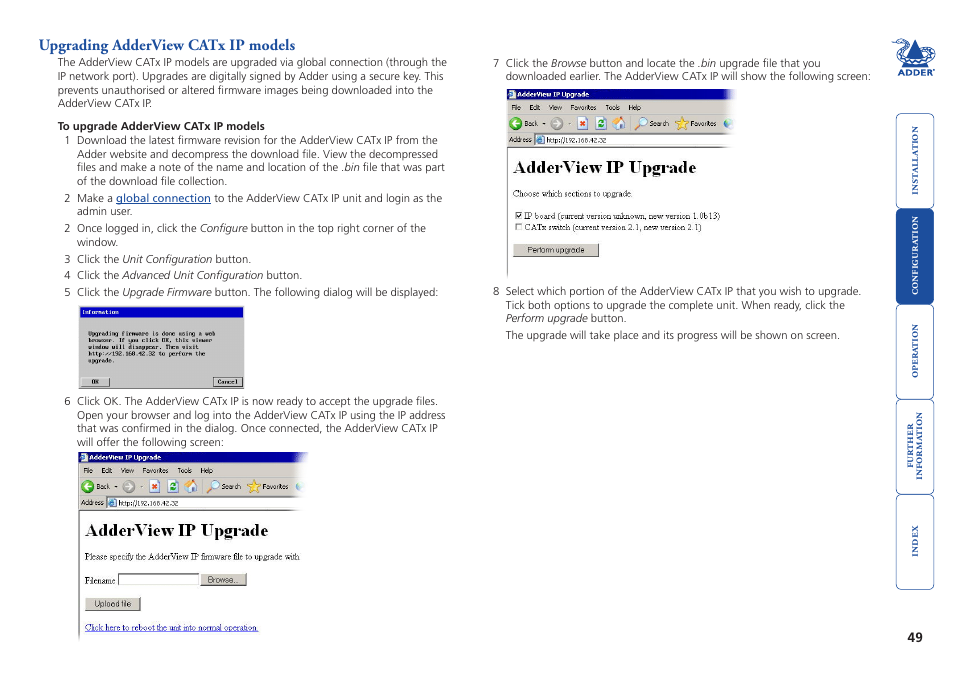 Upgrading adderview catx ip models, Adderview catx ip models | Adder Technology AdderView CATx EPS-S8 User Manual | Page 50 / 115