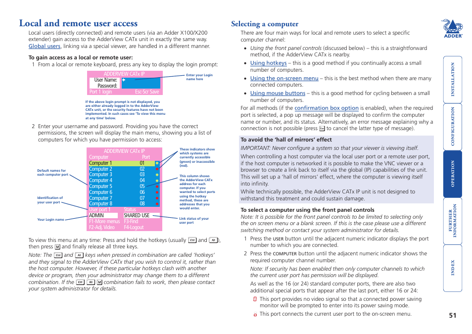 Local and remote user access, Selecting a computer, Select the port | Local user, Remote user | Adder Technology AdderView CATx EPS-S8 User Manual | Page 52 / 115