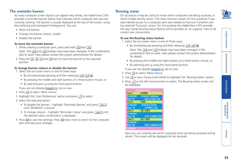 The reminder banner, Routing status, The reminder banner routing status | Adder Technology AdderView CATx EPS-S8 User Manual | Page 56 / 115