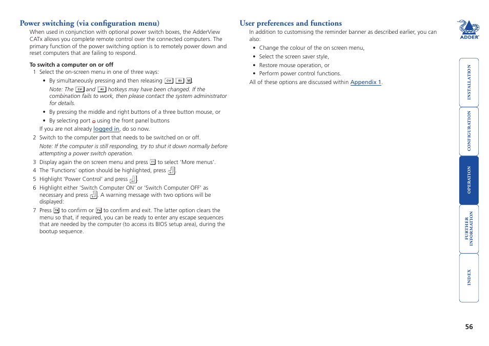 Power switching (via configuration menu), User preferences and functions, Via configuration menu | Power switching (via, Configuration menu) | Adder Technology AdderView CATx EPS-S8 User Manual | Page 57 / 115