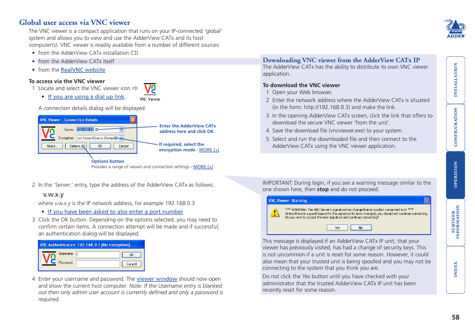 Global user access via vnc viewer, The vnc viewer, Download the viewer | Viewer, Network, Link | Adder Technology AdderView CATx EPS-S8 User Manual | Page 59 / 115