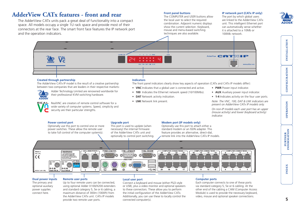 Adderview catx features - front and rear | Adder Technology AdderView CATx EPS-S8 User Manual | Page 6 / 115