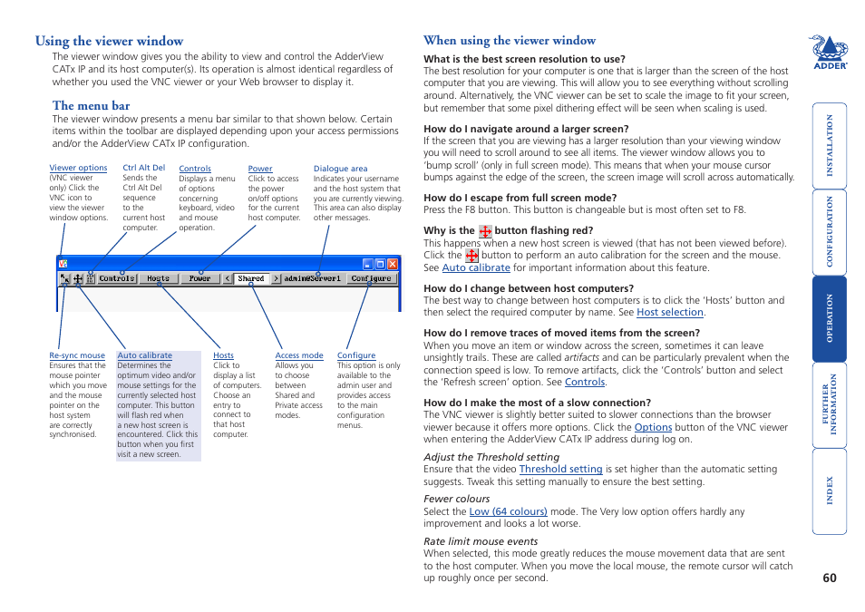 Using the viewer window, The menu bar, When using the viewer window | The menu bar when using the viewer window, Viewer window | Adder Technology AdderView CATx EPS-S8 User Manual | Page 61 / 115