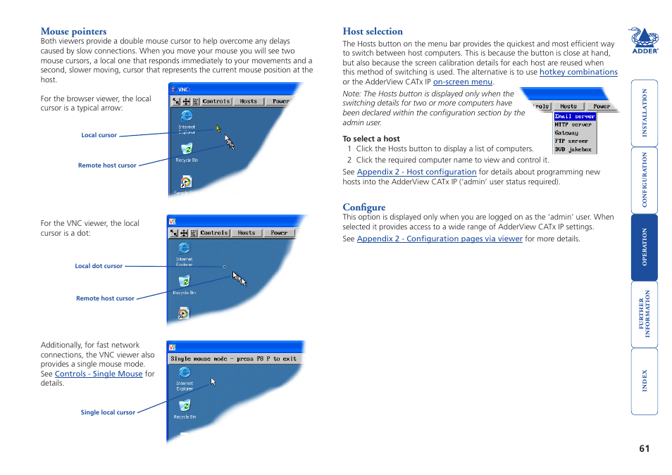 Mouse pointers, Configure, Mouse pointers configure | Hosts, Host selection | Adder Technology AdderView CATx EPS-S8 User Manual | Page 62 / 115