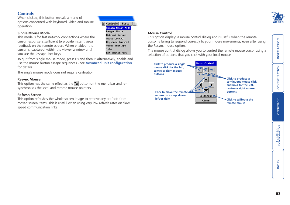 Controls, Controls - single mouse | Adder Technology AdderView CATx EPS-S8 User Manual | Page 64 / 115