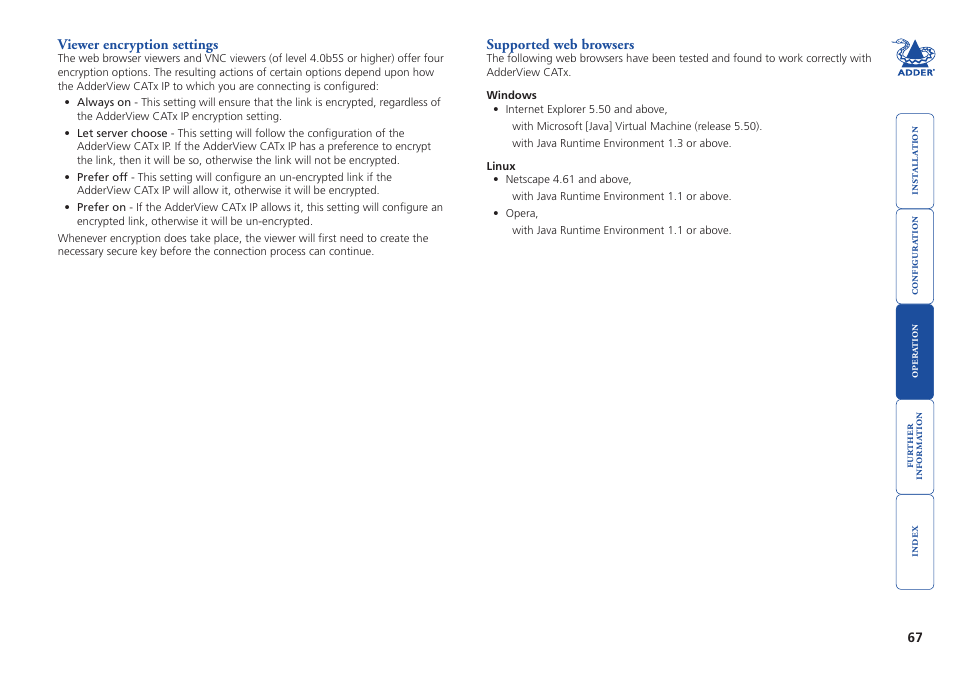 Viewer encryption settings, Supported web browsers, Viewer encryption settings supported web browsers | Encryption mode - more, Supported versions | Adder Technology AdderView CATx EPS-S8 User Manual | Page 68 / 115