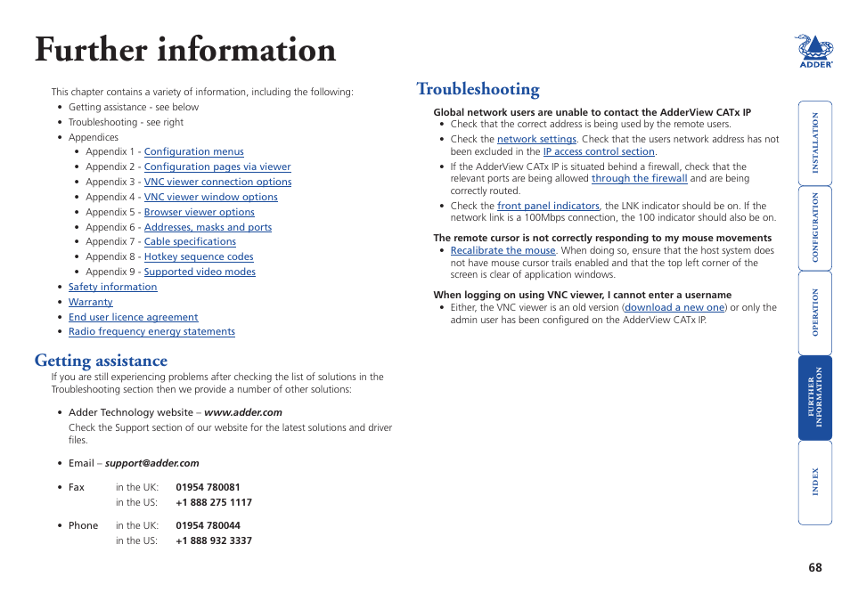 Further information, Getting assistance, Troubleshooting | Getting assistance troubleshooting | Adder Technology AdderView CATx EPS-S8 User Manual | Page 69 / 115