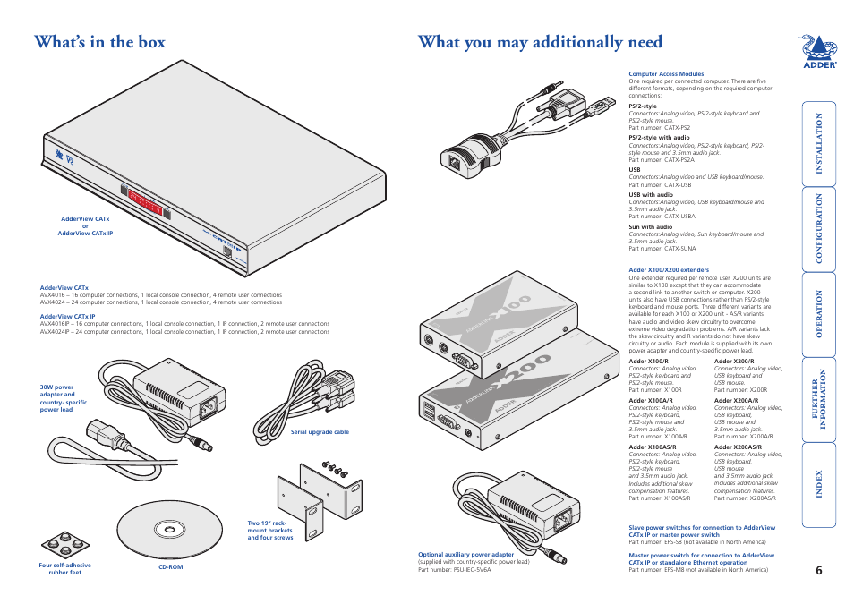 What’s in the box, What you may additionally need, What’s in the box what you may additionally need | Pw r to lo ca l 1 to lo ca l 2 | Adder Technology AdderView CATx EPS-S8 User Manual | Page 7 / 115
