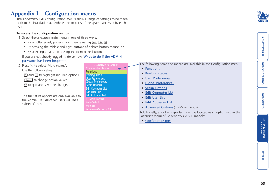 Appendix 1 – configuration menus, Appendix 1, Appendix 1 - configuration menus | Configuration menus | Adder Technology AdderView CATx EPS-S8 User Manual | Page 70 / 115