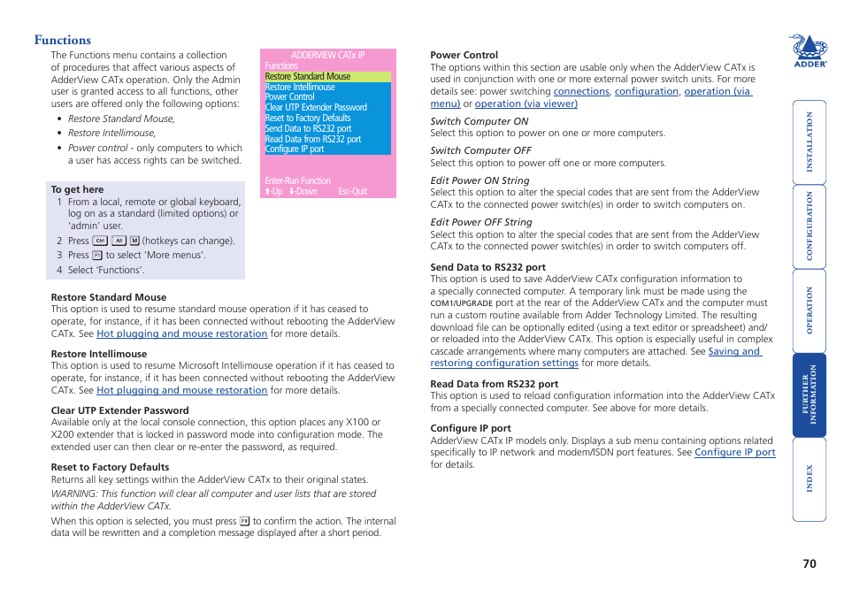 Functions | Adder Technology AdderView CATx EPS-S8 User Manual | Page 71 / 115