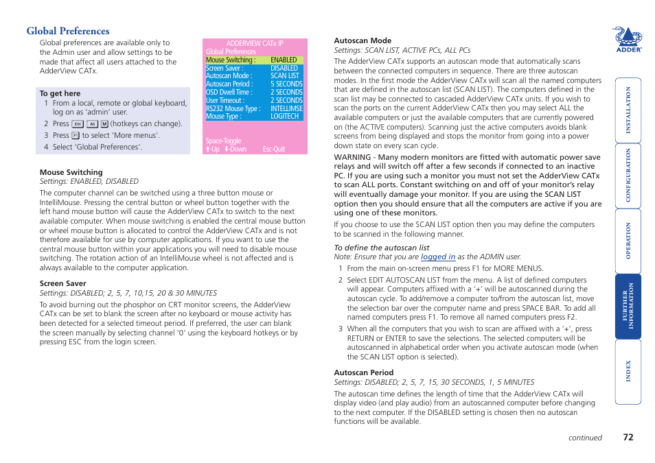 Global preferences, Switching’ option is enabled. see, For more details | Adder Technology AdderView CATx EPS-S8 User Manual | Page 73 / 115