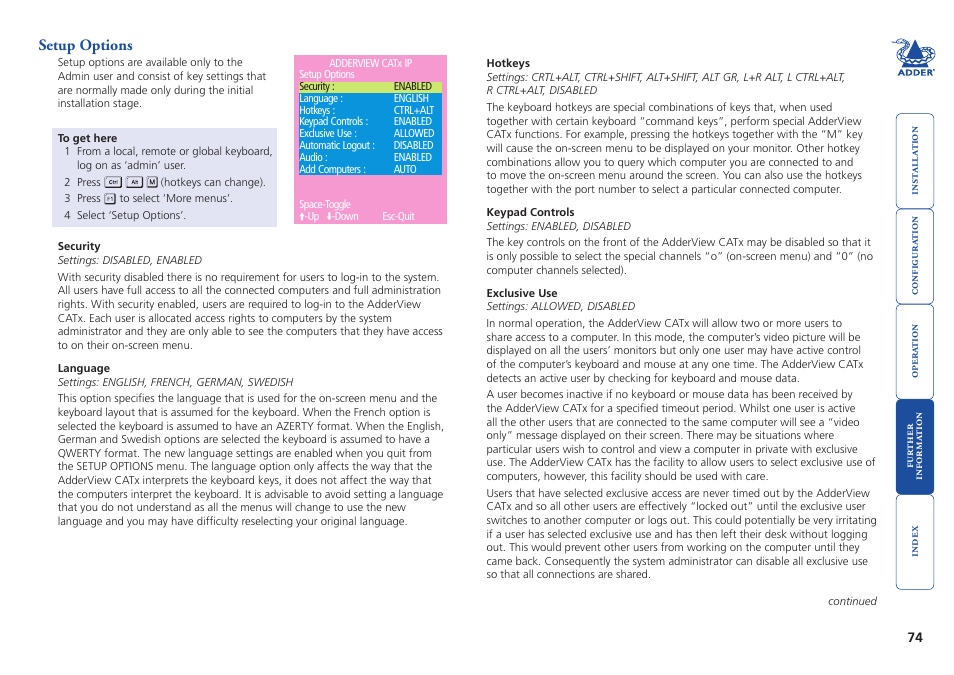 Setup options | Adder Technology AdderView CATx EPS-S8 User Manual | Page 75 / 115