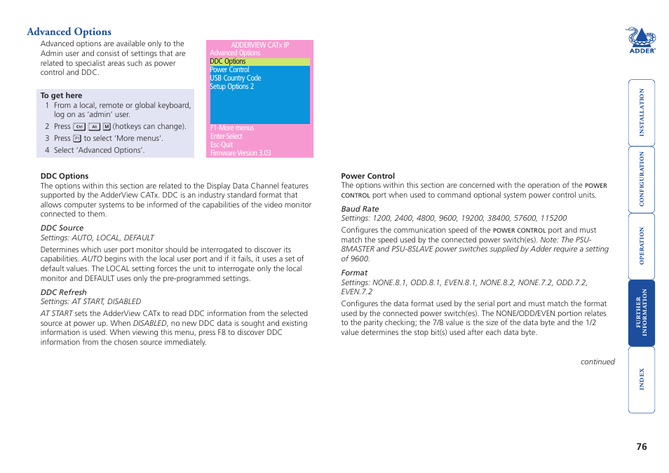 Advanced options, Via configuration menu | Adder Technology AdderView CATx EPS-S8 User Manual | Page 77 / 115