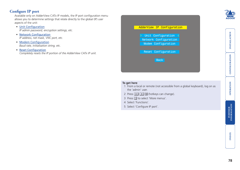 Configure ip port | Adder Technology AdderView CATx EPS-S8 User Manual | Page 79 / 115