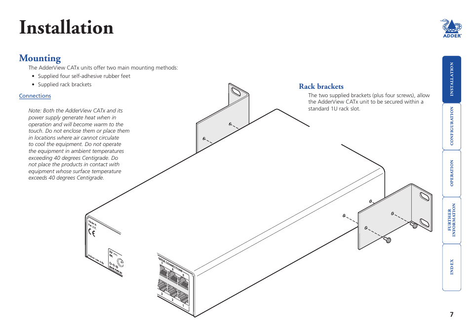 Installation, Mounting | Adder Technology AdderView CATx EPS-S8 User Manual | Page 8 / 115