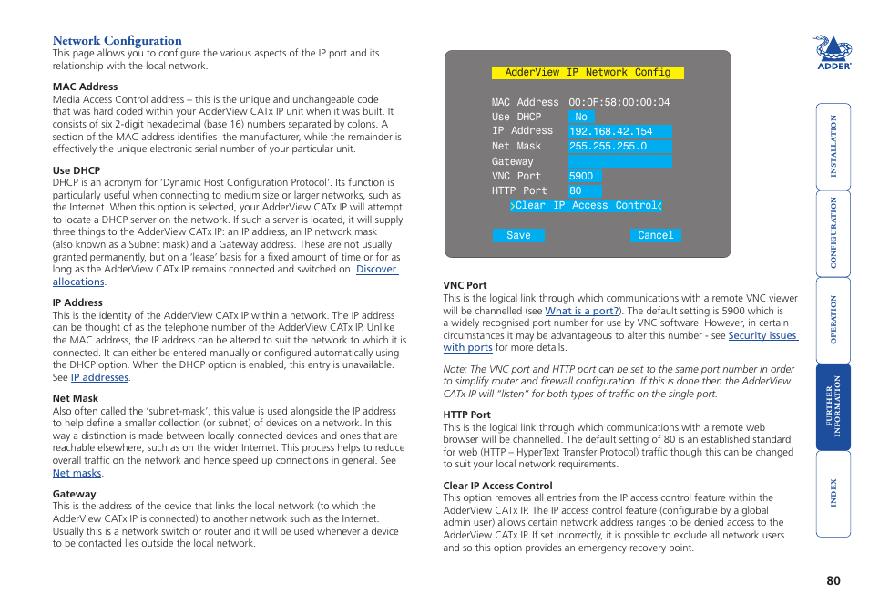 Network configuration, Standard configuration menus, Network settings | Adder Technology AdderView CATx EPS-S8 User Manual | Page 81 / 115