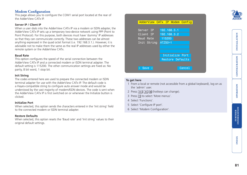 Modem configuration, Reset configuration | Adder Technology AdderView CATx EPS-S8 User Manual | Page 82 / 115