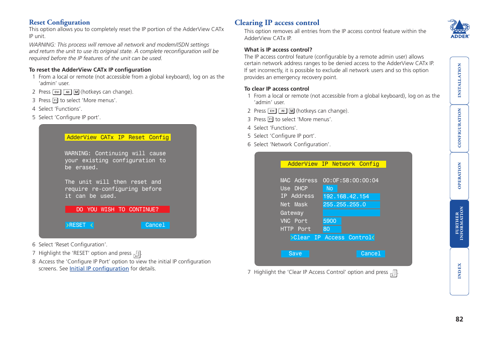 Reset configuration, Clearing ip access control | Adder Technology AdderView CATx EPS-S8 User Manual | Page 83 / 115