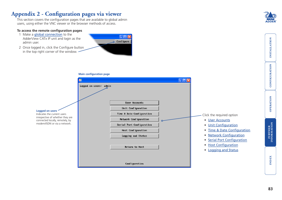 Appendix 2, Configure, Appendix 2 - configuration pages via viewer | Adder Technology AdderView CATx EPS-S8 User Manual | Page 84 / 115