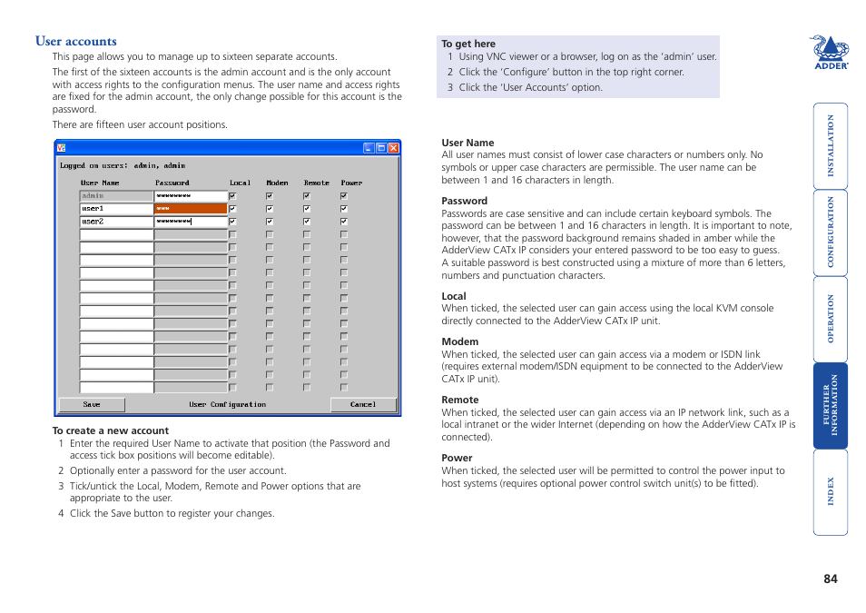 User accounts | Adder Technology AdderView CATx EPS-S8 User Manual | Page 85 / 115