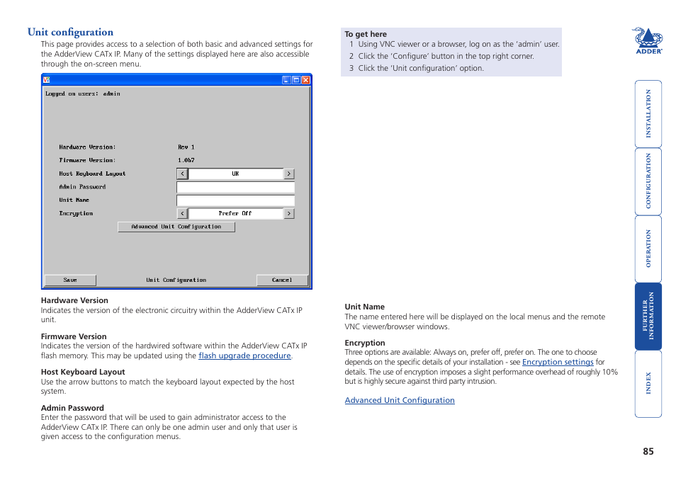 Unit configuration | Adder Technology AdderView CATx EPS-S8 User Manual | Page 86 / 115