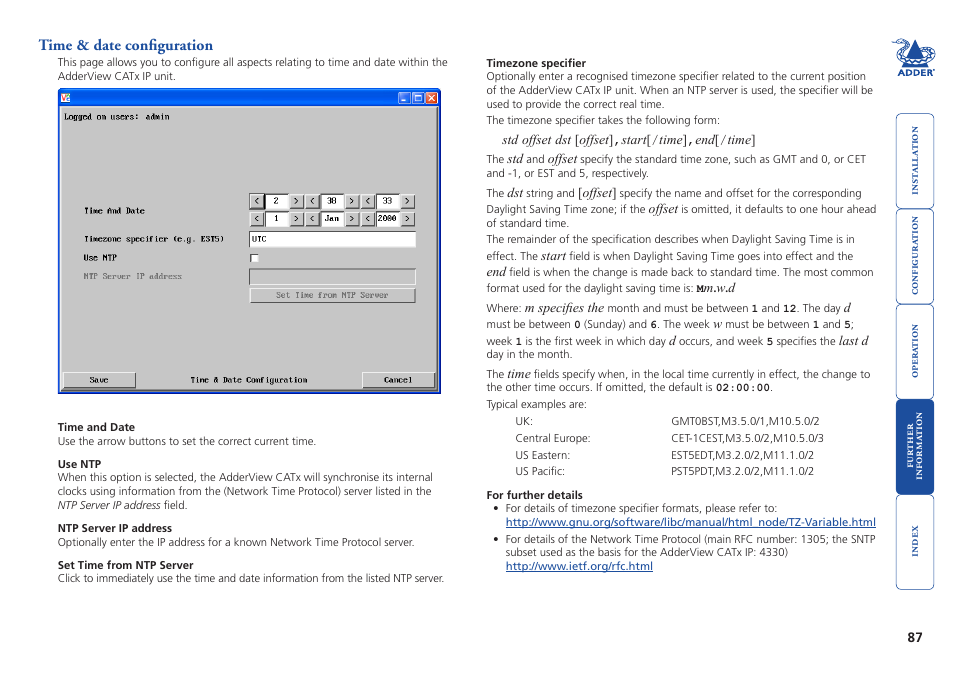 Time & date configuration | Adder Technology AdderView CATx EPS-S8 User Manual | Page 88 / 115