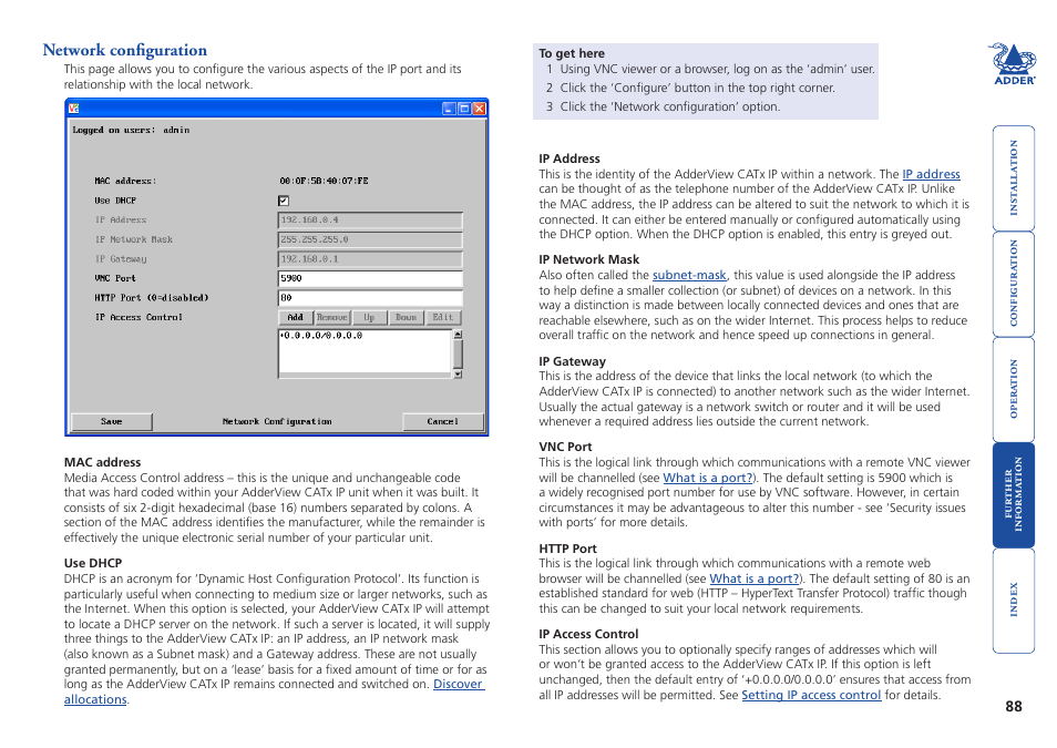 Network configuration | Adder Technology AdderView CATx EPS-S8 User Manual | Page 89 / 115