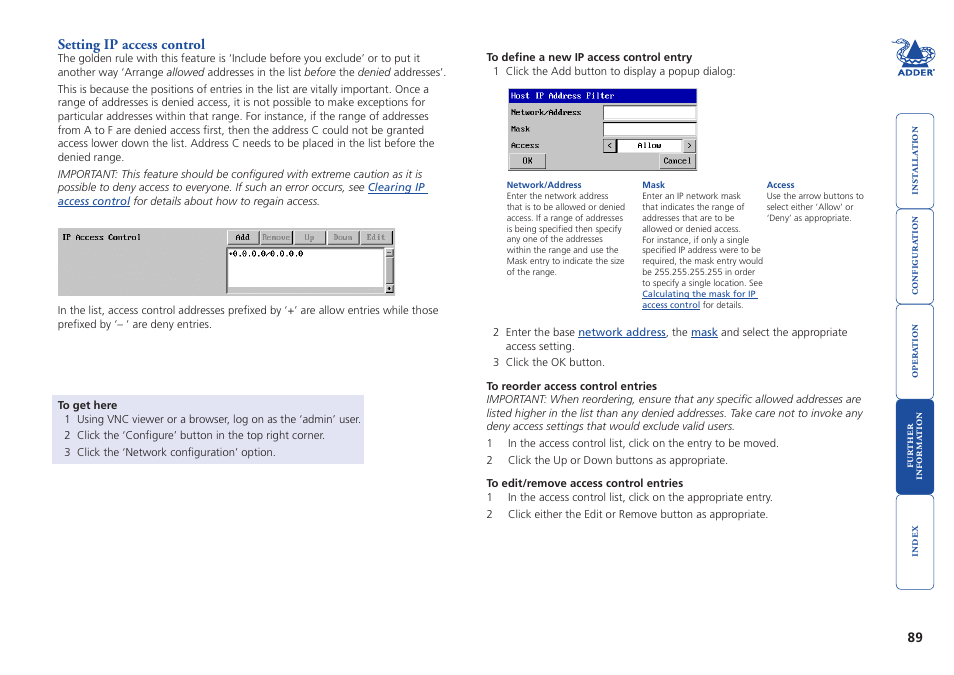 Setting ip access control, Restrict ip access, Ip access control section | Adder Technology AdderView CATx EPS-S8 User Manual | Page 90 / 115