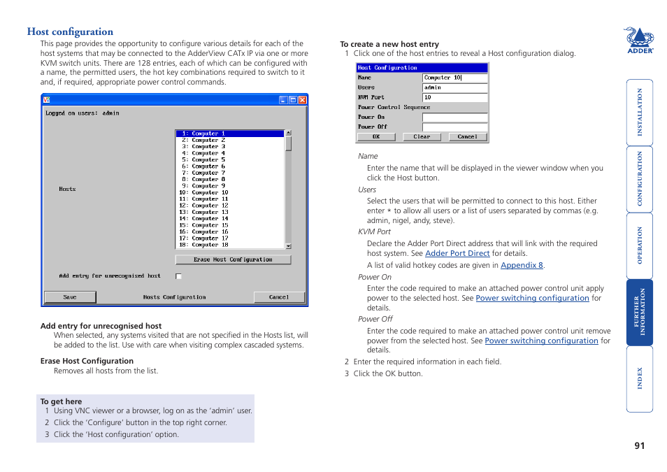 Host configuration, More, Appendix 2 - host configuration | Adder Technology AdderView CATx EPS-S8 User Manual | Page 92 / 115